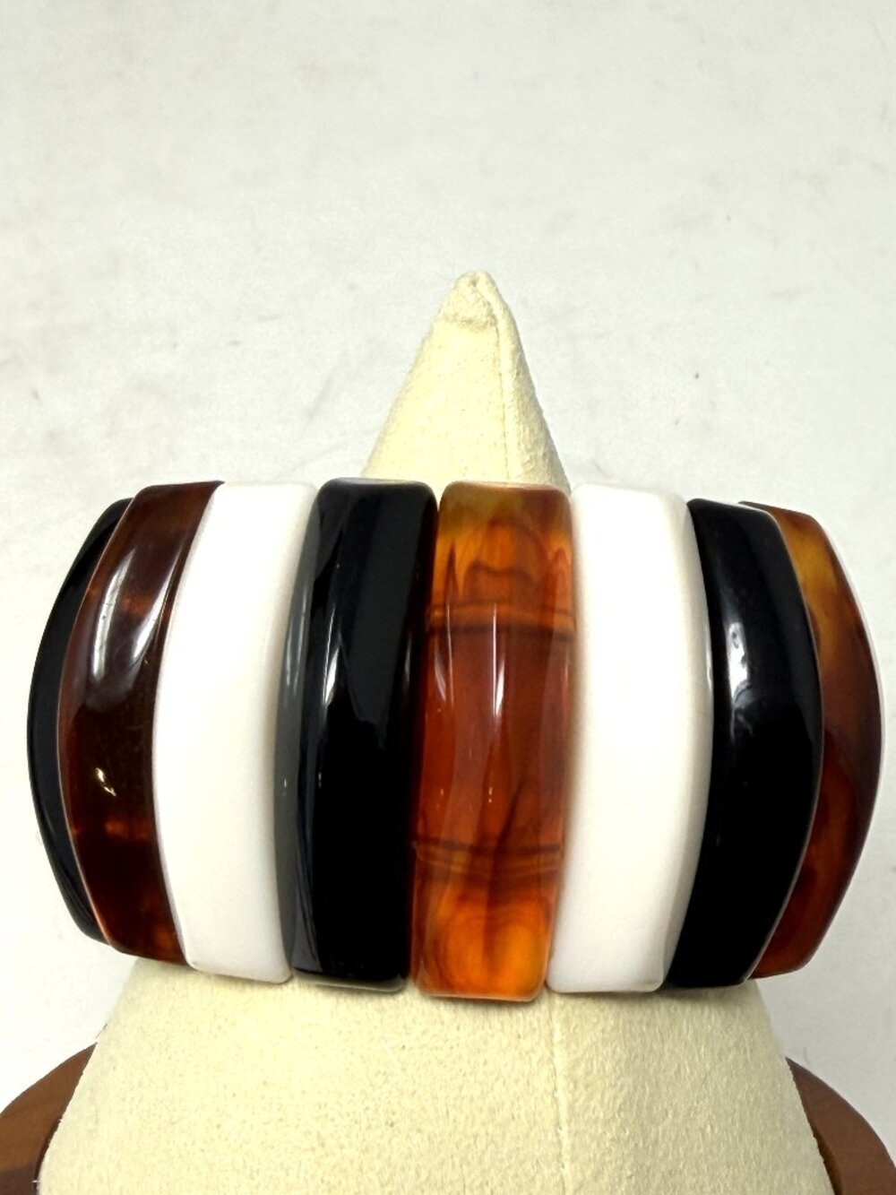 Vintage MCM Stretch Bracelet Faux Amber White Black Acrylic Lucite Bangle Fall